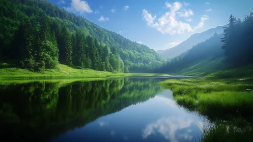 Calm forest lake reflecting green hills and blue sky.
