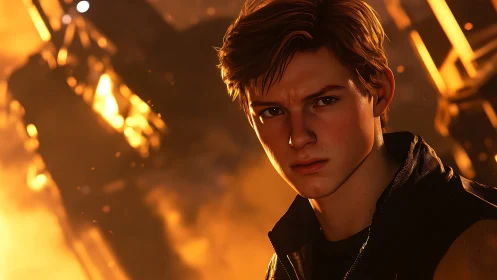 Young man in fiery industrial chaos, dramatic close-up portrait.