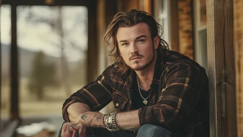 Rugged porch portrait with tattoos, long hair and warm bokeh background.