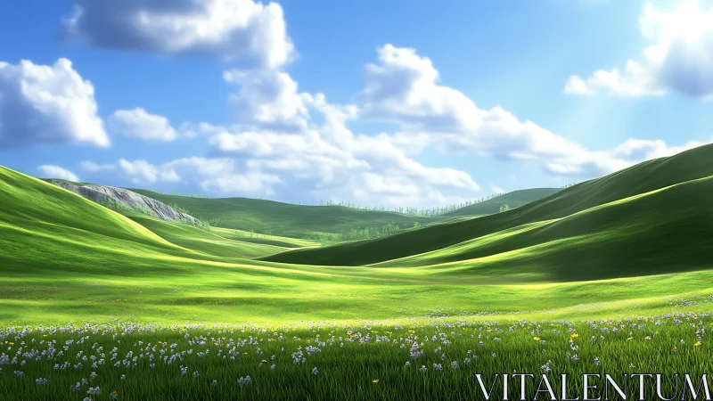 Rolling green hills glow softly under a bright spring sky