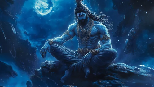 Moonlit blue deity in mountain silence, swirling with starlight.