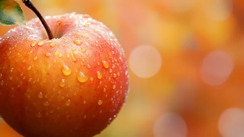 Photorealistic macro study of dewy apple against bokeh field.