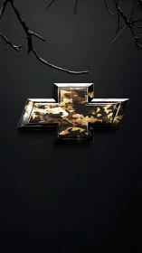 Camo-textured metallic emblem floats on dark minimal backdrop