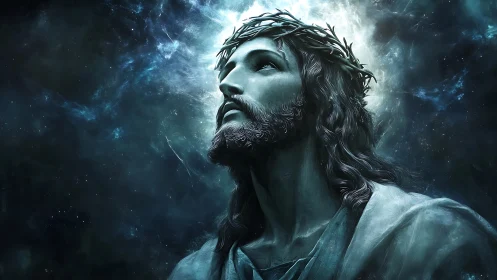 Portrait of robed male figure with crown of thorns in blue space.