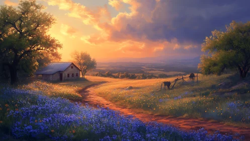 Golden country sunset warms a wildflower meadow homestead