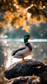 Mallard duck glows on a lakeside rock in golden evening light