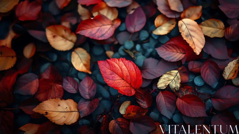 Red autumn leaf centered among scattered fallen foliage.