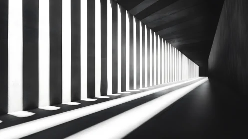 Monochrome linear corridor with repetitive vertical light columns