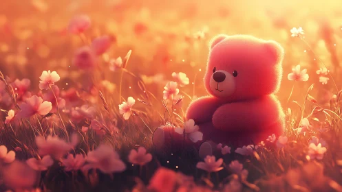 Digital teddy bear model sits among stylized meadow flowers