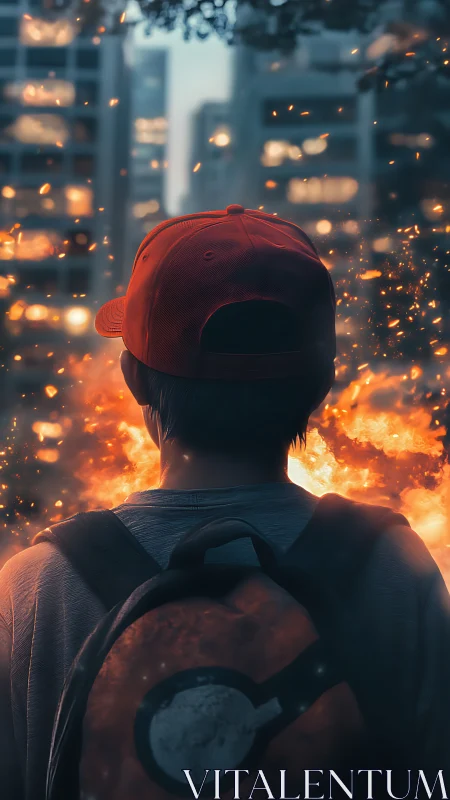 Urban ember runner faces blazing city sparks at twilight.