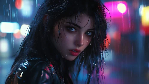 Moody neon portrait captures a lone woman in midnight rain