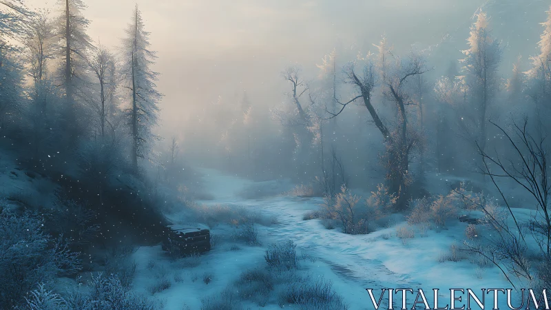 Frozen Woodland Stream Through Misty Forest