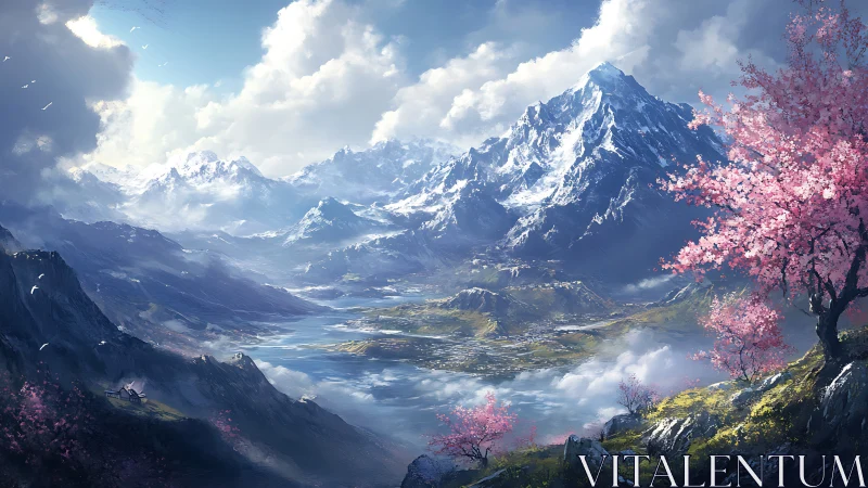 Snowcapped mountain valley with luminous cherry blossoms.