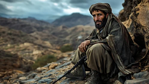 Mountain sentry in rugged terrain with tactical rifle poised.
