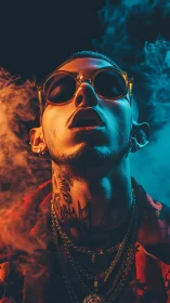Tattooed man in orange blue smoke with reflective glasses