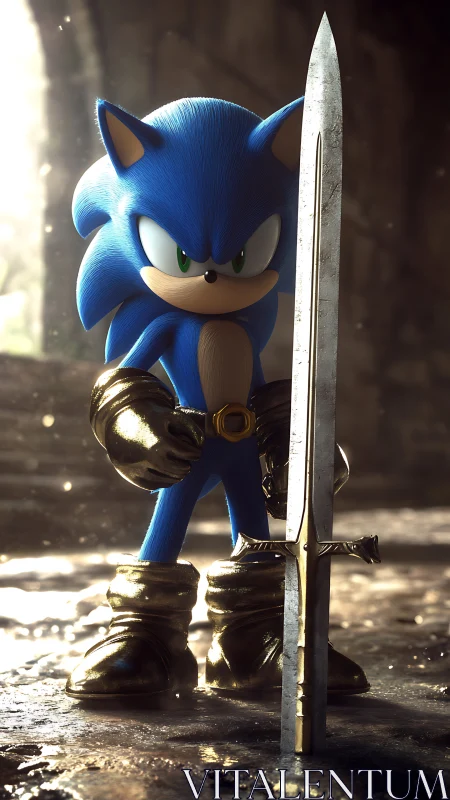 Blue hedgehog knight gripping weathered sword in ruins.