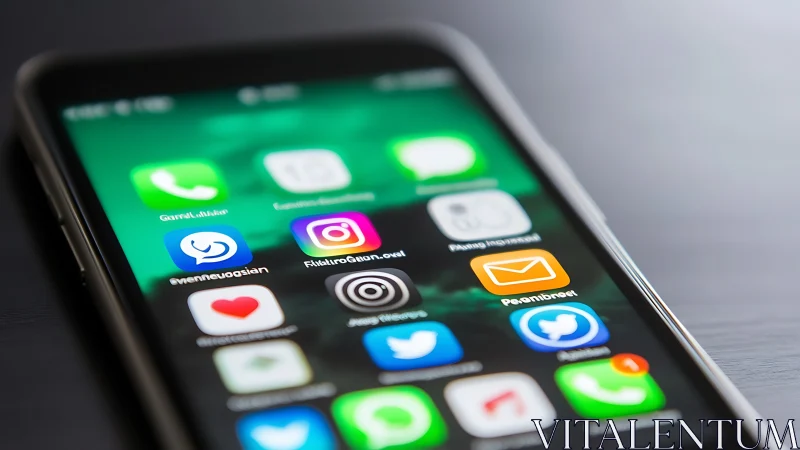 Close-up smartphone home screen with vivid social icons.