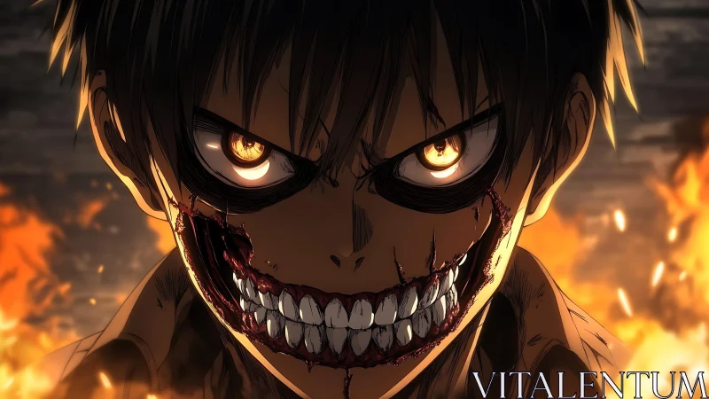 Intense anime portrait with horrific split grin and flames.