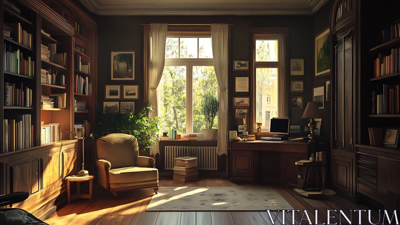 Sunlit scholar&rsquo;s library nest bathed in warm autumn glow.