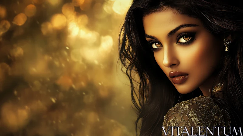 Golden glamour portrait of woman with intense gaze.