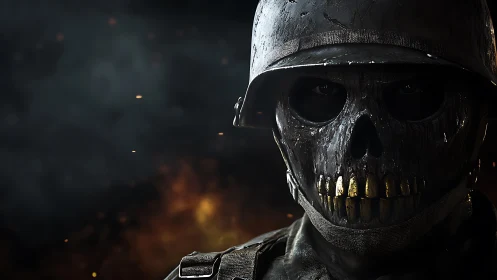 Armored skull soldier emerging from burning battlefield haze.