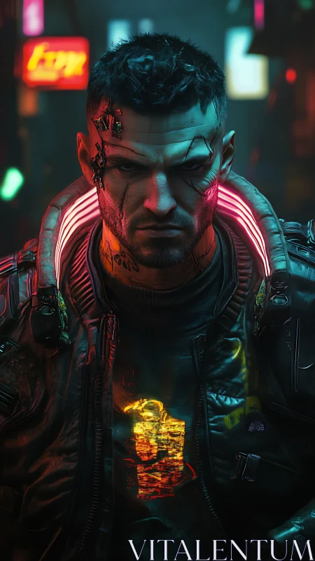 Cybernetic street warrior in neon lit futuristic alley.