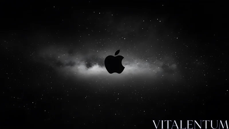 Minimal black apple logo centered in deep star field.