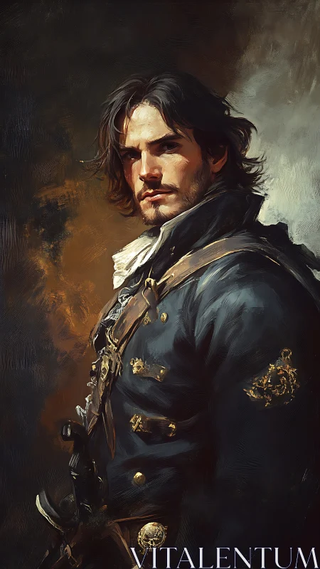 Brooding naval officer in ornate baroque portrait style.