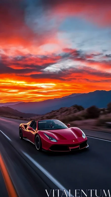 Red convertible sports car moves along highway at sunset