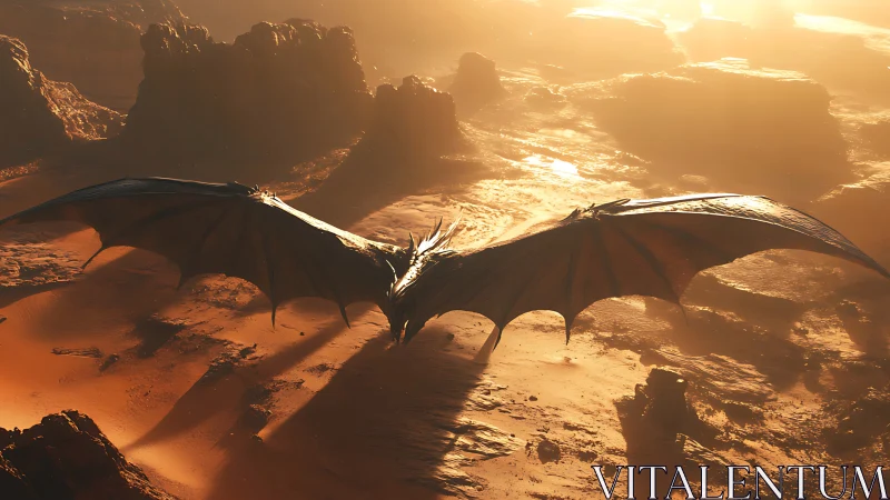 Dragon soars above sunlit desert canyon at golden hour.