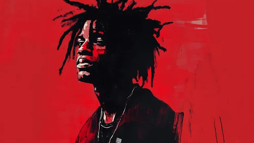 Side-profile portrait silhouette contrasts with red field