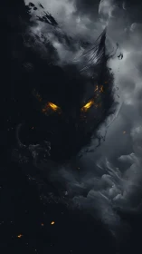 Ember-eyed shadow wolf coiled in storm-torn nightfall.