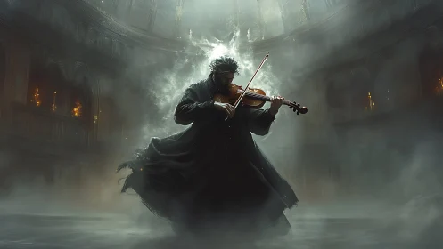 Violinist channels spectral energy inside smoke filled ruined hall