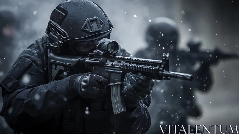 Armed tactical operator advances in snowfall with focused aim