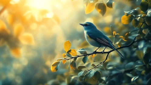 Blue songbird on sunlit branch in dreamy, soft-focus nature scene.