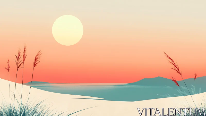 Soft pastel beach sunset bathes tranquil dunes in light