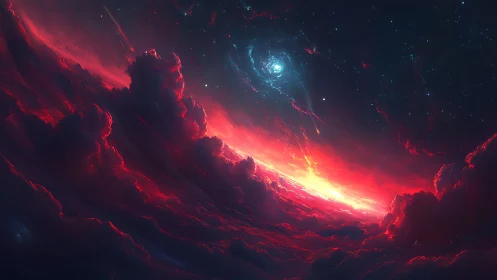 Red nebular cloudscape under bright distant star field.