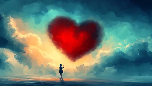Silhouetted Figure Beneath Glowing Heart Cloud Formation