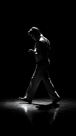 Silhouetted male figure walking across dark stage floor.