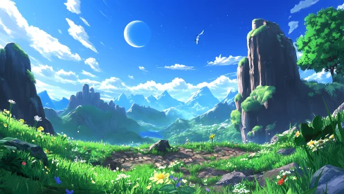 Vibrant fantasy valley with distant mountains and moon