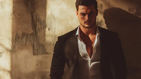 Moody male portrait in cinematic side lighting against textured wall