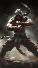 Hooded martial artist in combat stance amid smoky ground.