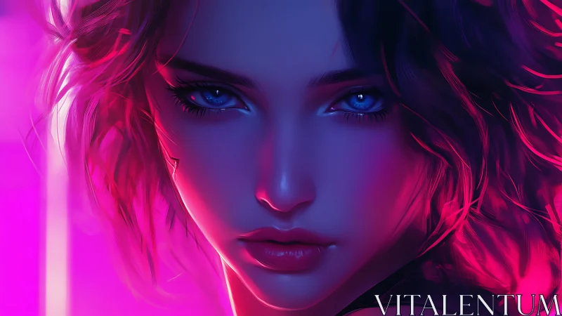 Neon lit digital portrait of blue eyed woman in closeup.