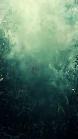 Misty forest undergrowth fades into luminous green haze