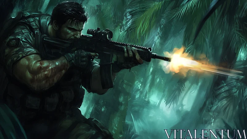 Soldier firing rifle in dense jungle combat scene.