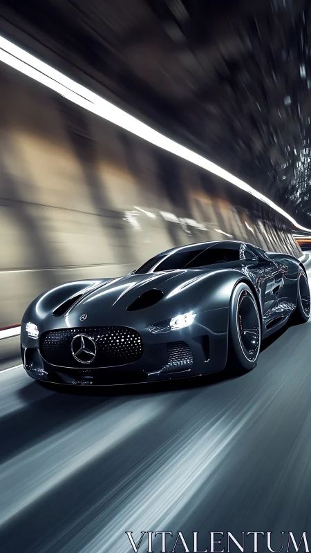 Futuristic black supercar races through illuminated tunnel.