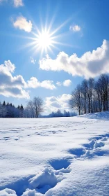 Sunlit winter field with soft snow and quiet blue skies.