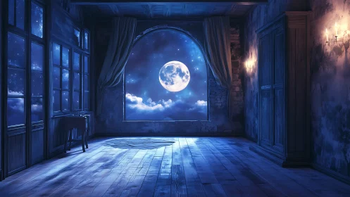 Interior room with moonlit sky framed by large arched window.