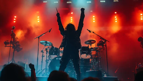 Silhouetted musician stands before drums under red stage lights