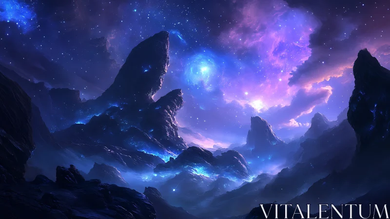 Alien mountain range glows under a swirling cosmic sky